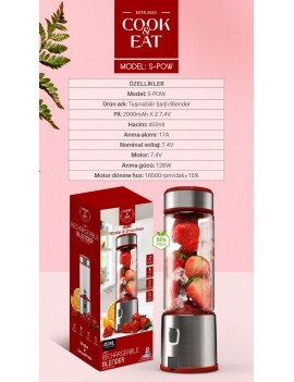 Şarjlı Portatif Taşınabilir El Blenderi Meyve Sıkacağı Mama Karıştırıcı Smoothie Milkshake Frozen